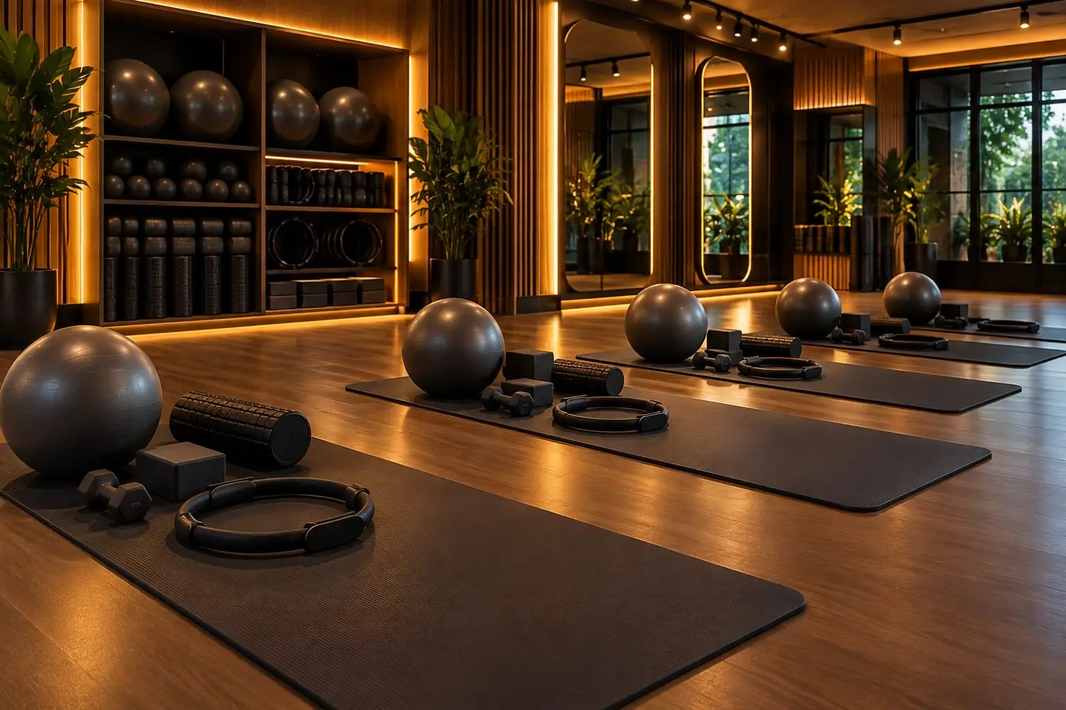 Grup pilates salonu: matlar, pilates topları, çemberler ve küçük ekipmanlar