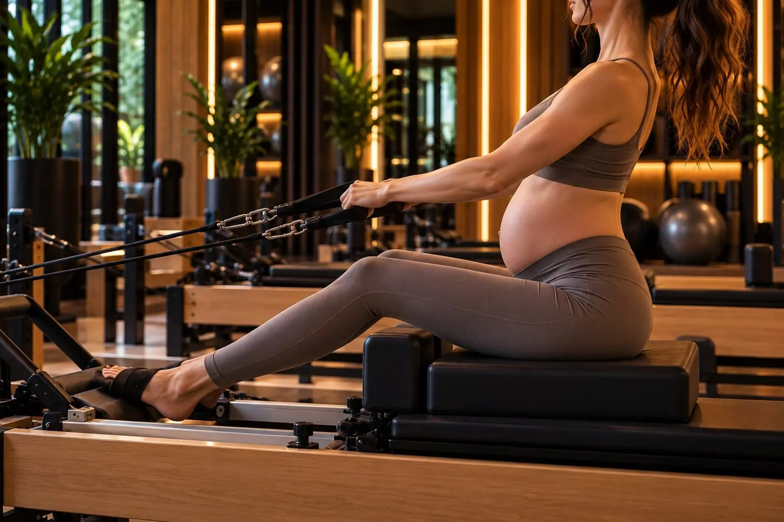 Reformer üzerinde hamile pilatesi çalışması