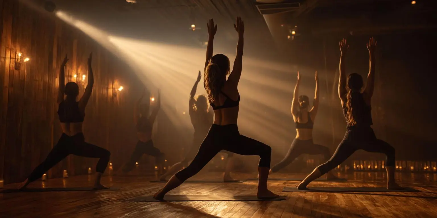 Grup yoga dersinde savaşçı duruşu